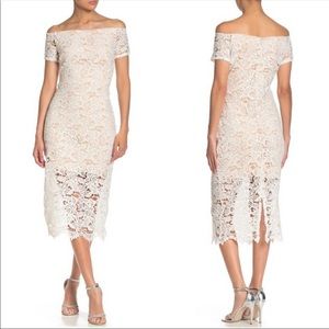 MARINA NWT White Lace Overlay Dress Off Shoulder M